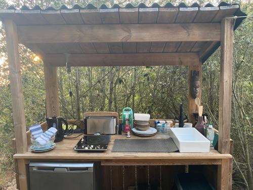 a wooden table with a stove and a microwave at CORSICA NATURA #1 in Coti-Chiavari