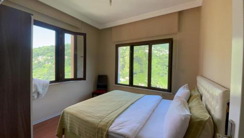 a bedroom with a bed and two windows at Konak village housee in Ardeşen