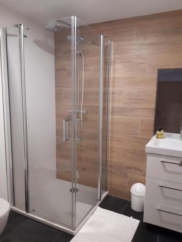 a shower with a glass door in a bathroom at Gîte coup de cœur in Pluvigner
