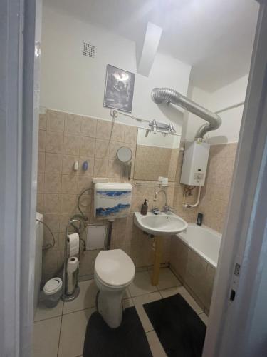 a bathroom with a toilet and a sink and a tub at Kolor House Apartman in Kazincbarcika