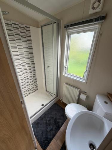 a bathroom with a toilet and a sink and a window at Sunshine Newquay Bay Resort in Newquay Bay Resort