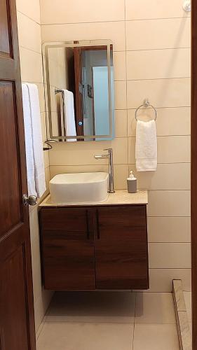 a bathroom with a sink and a mirror at Villas Pura Vida - Mango in Puntarenas