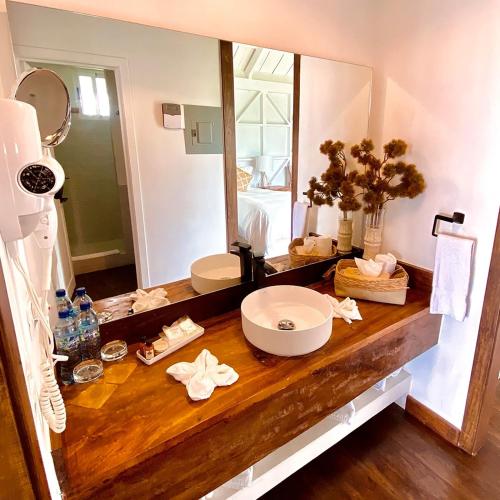 a bathroom with a sink and a large mirror at Finca San Cayetano in San Juan Alotenango