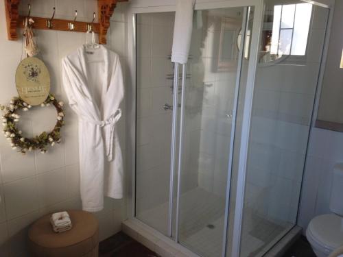 a shower in a bathroom with a glass shower stall at Periwinkle Blue in Clarens