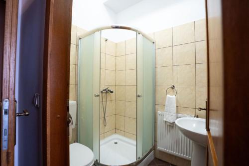 a bathroom with a shower and a toilet and a sink at Rákóczi Center in Odorheiu Secuiesc