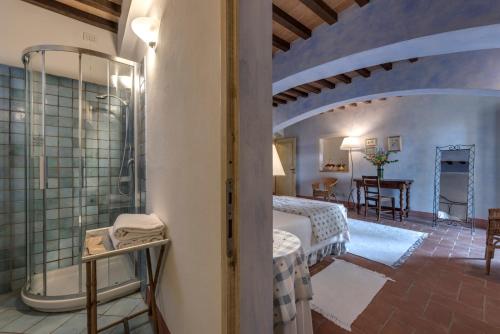 a bathroom with a shower and a bed in a room at Il Borghetto Tuscan Holidays in San Gimignano