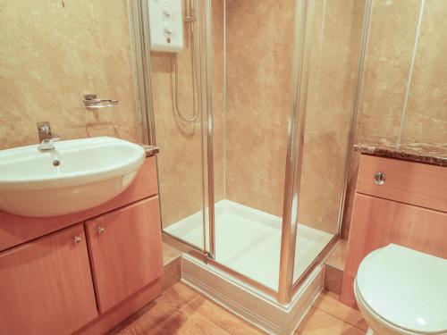 a bathroom with a shower and a sink and a toilet at Mews Cottage 7 in Keswick