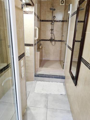 a bathroom with a shower with a glass door at Sweet Home Suite in Korinthos