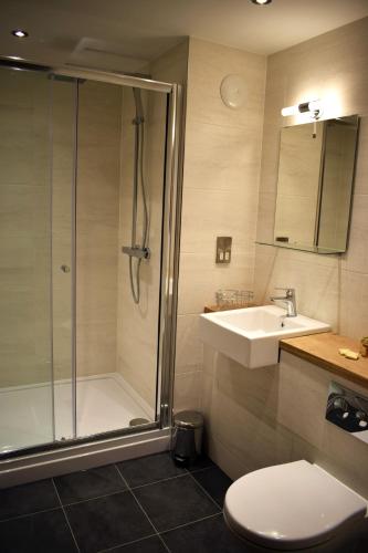 a bathroom with a shower and a sink and a toilet at The Horse & Jockey in Alfreton