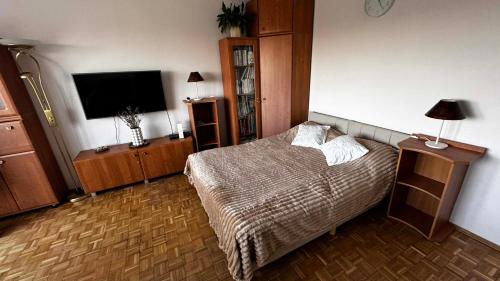 a bedroom with a bed and a flat screen tv at Cracow View Rooms in Krakow