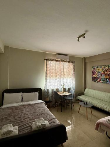a bedroom with a bed and a couch and a table at Alpha apartment 43 in Serres