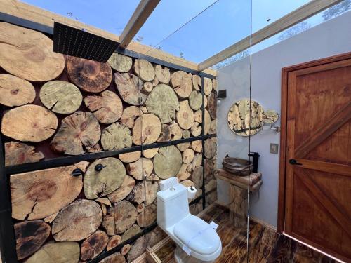 a bathroom with a logs wall with a toilet at Cabañas El Principio y Spa en Huasca de Ocampo in Huasca de Ocampo