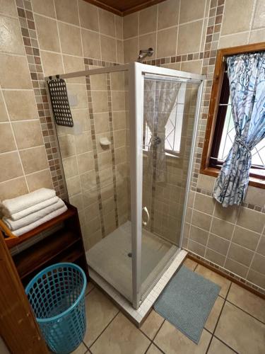 a shower with a glass door in a bathroom at Die Anker Kothuis in Southbroom