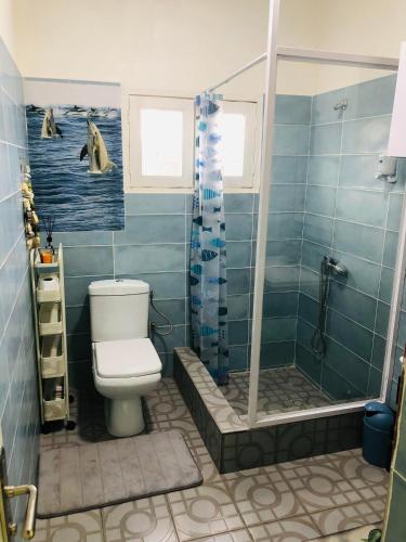 a bathroom with a toilet and a shower with dolphins on the wall at Studio 1 chambre in Port-Gentil