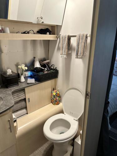 a small bathroom with a toilet and towels at Airstream Alfresco in Fredericksburg