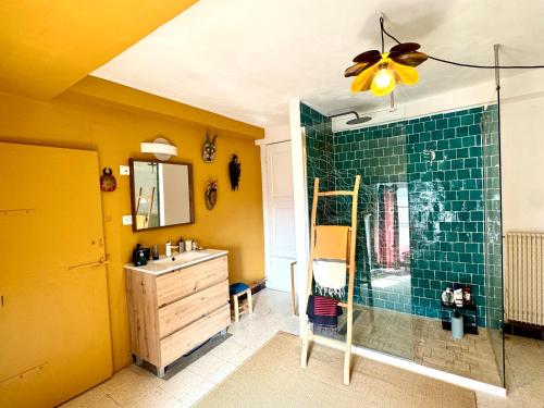 a bathroom with a shower and a sink and a mirror at Chambre 2 personnes Maison Saint Jean in Château-Chalon