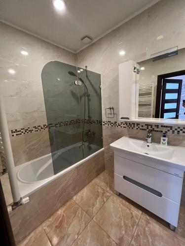 a bathroom with a tub and a sink and a shower at Columna Central Park Apt in Chişinău