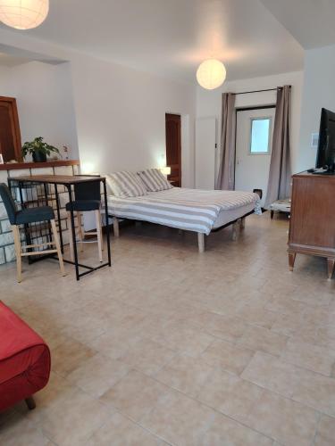 a bedroom with a bed and a table and a desk at Studio Magnolia in Saint-Satur