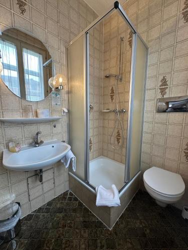 a bathroom with a shower and a sink and a toilet at Hotel Löwen in Blaubeuren