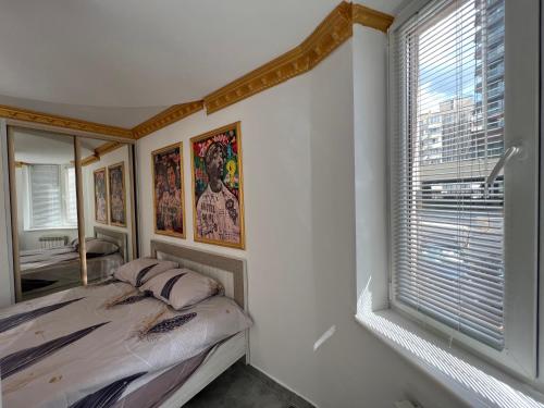 a bedroom with a bed and a window at Columna Central Park Apt in Chişinău