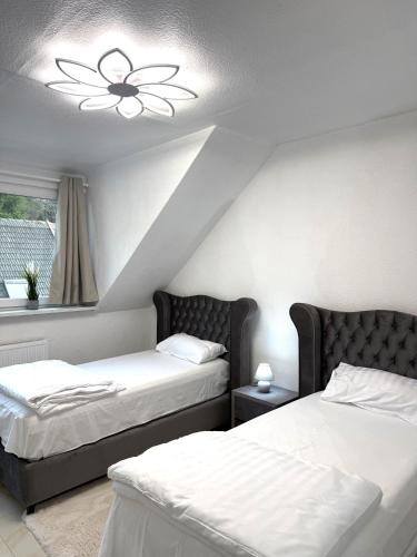 a bedroom with two beds and a ceiling fan at MIO Apartments Sulzbach in Schnappach