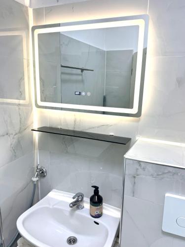 a bathroom with a sink and a mirror at MIO Apartments Sulzbach in Schnappach