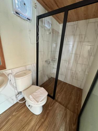 a small bathroom with a toilet and a shower at KALUNA cabin in Kejajar