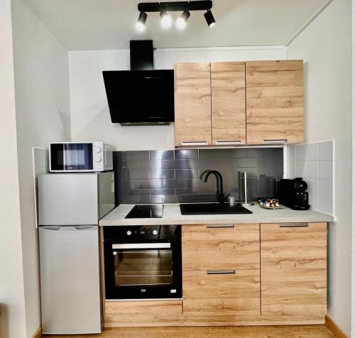 a kitchen with wooden cabinets and a white refrigerator at Cozy & Lumineux in Marly