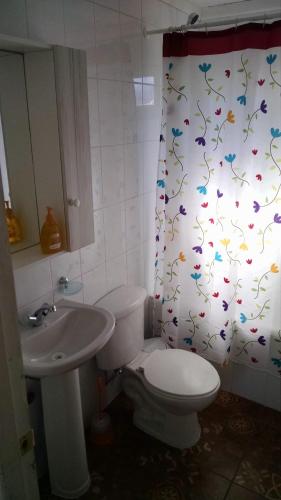 a bathroom with a toilet and a shower curtain with butterflies at Cabañas Felipe in Pichilemu