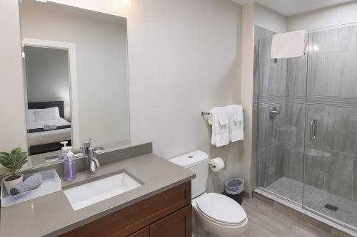 a bathroom with a shower and a toilet and a sink at Cozy Downtown Suite Stadiums, Casino, R&R HoF in Cleveland