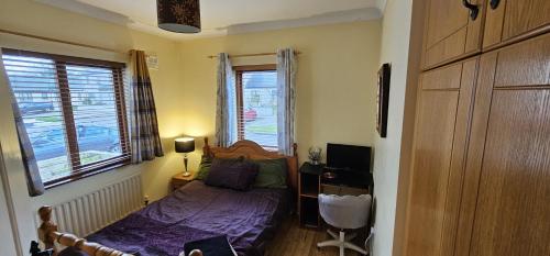 a bedroom with a bed with purple sheets and two windows at An Tuar Ceatha in Castlebar