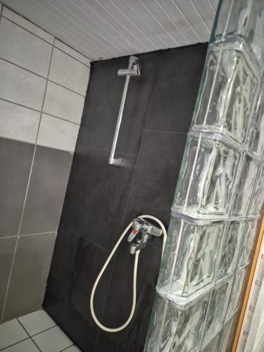 a shower with a water hose in a bathroom at Senja 4 Summit in Torsken