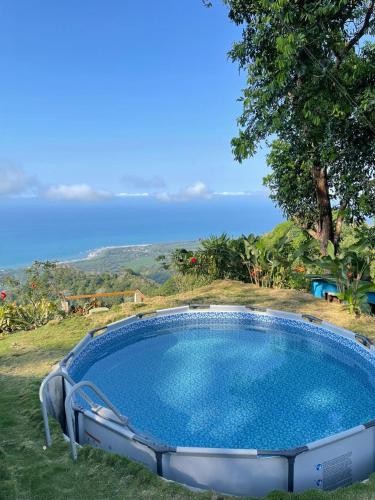 a swimming pool with a view of the ocean at Hostal Mirador Mar Nevado in Buritaca