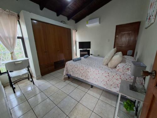 a bedroom with a bed and a desk and a window at Tulip House in Comayagua