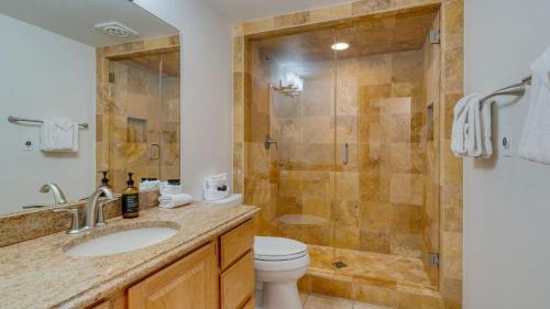 a bathroom with a shower and a toilet and a sink at Riverside Condos C102 by AvantStay Condo Close To Downtown Town Park Ski Lift 8 in Telluride