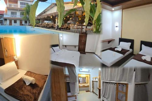 a room with two beds and a swimming pool at Calamianes Homestay in Coron
