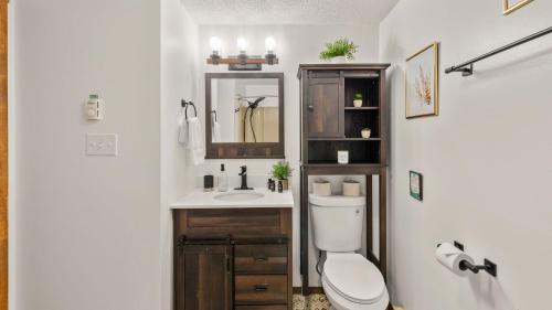 a bathroom with a toilet and a sink and a mirror at The Bears Den by AvantStay Prime Location Renovated w Movie Game Room in Crescent Lake