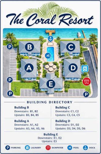 a sign with a map of the coral resort at The Seashell Suite with Private Balcony and Walk to Beach in Clearwater Beach