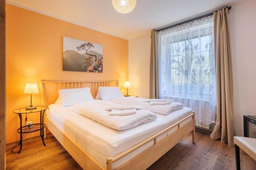a bedroom with a large bed and a window at Penzion U Leopolda in Brno