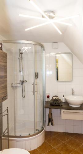 a bathroom with a shower and a sink at Apartment-Joanneum in Graz