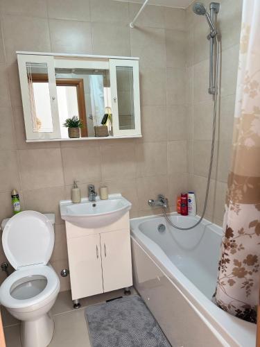 a bathroom with a toilet and a sink and a tub at Petrovac Pearl Apartment in Petrovac na Moru