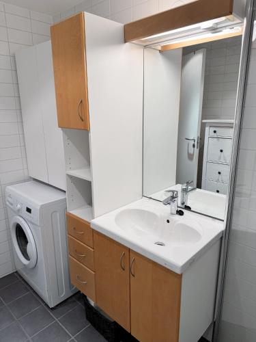 a bathroom with a sink and a washing machine at The Seabreeze Marina in Mandal
