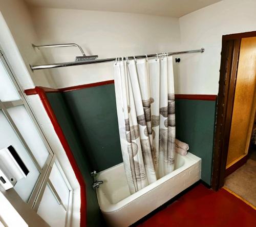 a bathroom with a shower curtain in a room at El rincón de la Escandón in Mexico City
