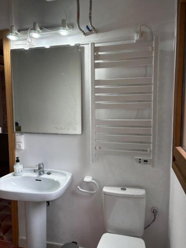 a bathroom with a sink and a toilet and a mirror at Masia La Sort in Riba-roja d'Ebre