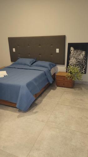 a bedroom with a bed with a blue comforter at Camisão CasaJuMa Pixixi in Aquidauana