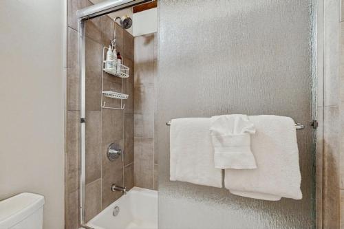 a bathroom with a shower with a white towel at The Cozy King in Kings Beach