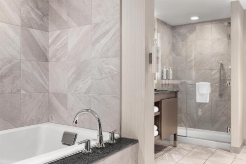 a bathroom with a tub and a shower at Embassy Suites Charlotte/Ayrsley in Charlotte