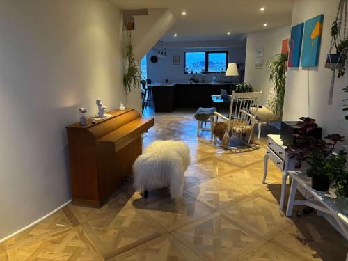 a dog standing in a living room with a piano at Design Villa with Panoramic Views & Large Windows in Miðvágur