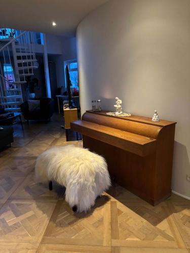 a white dog laying on the floor next to a piano at Design Villa with Panoramic Views & Large Windows in Miðvágur