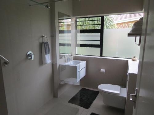 a bathroom with a toilet and a sink and a window at 10 Kommandeurs Ave, Stellenbosch in Stellenbosch